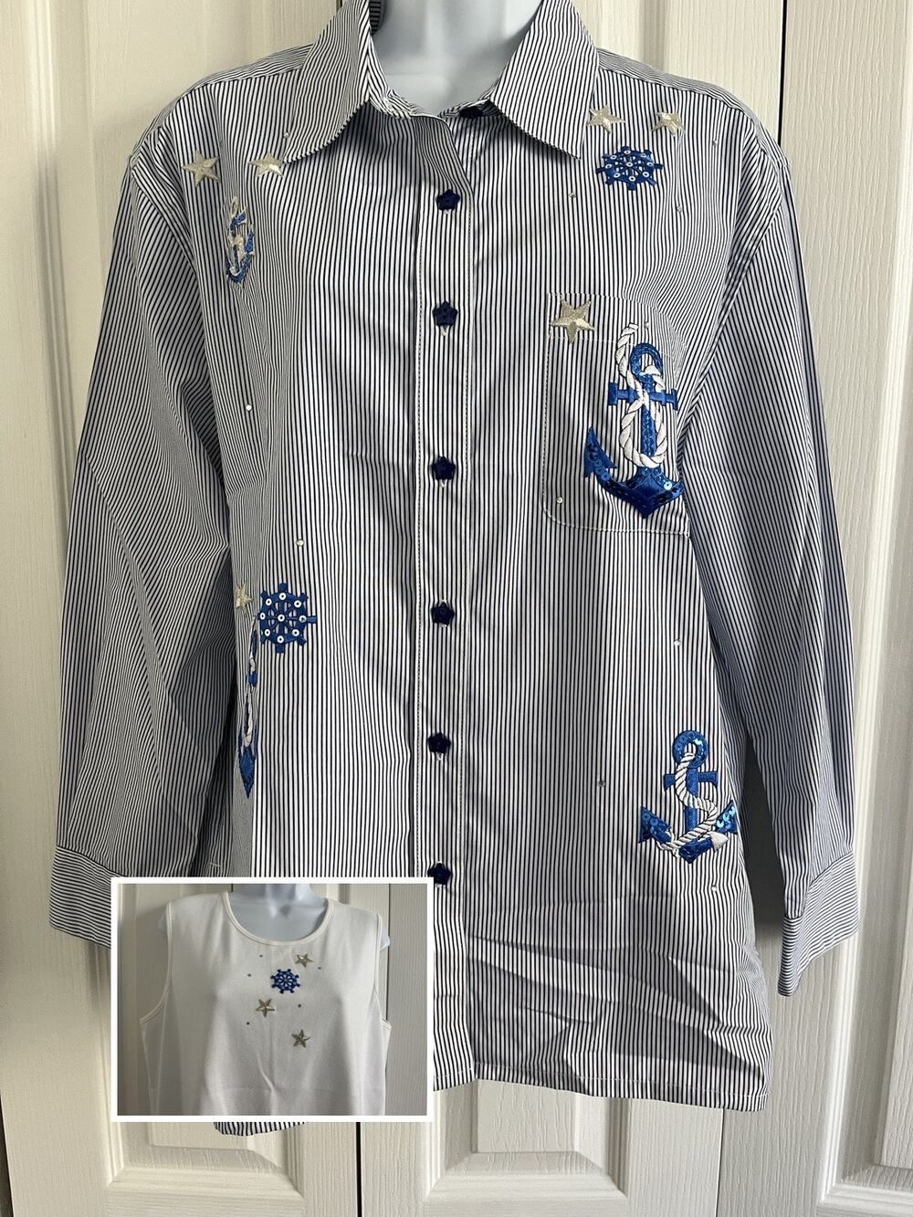 SET; Draper's & Damon's Patriotic Nautical Anchor LS Shirt & SL Tank Top PL USA